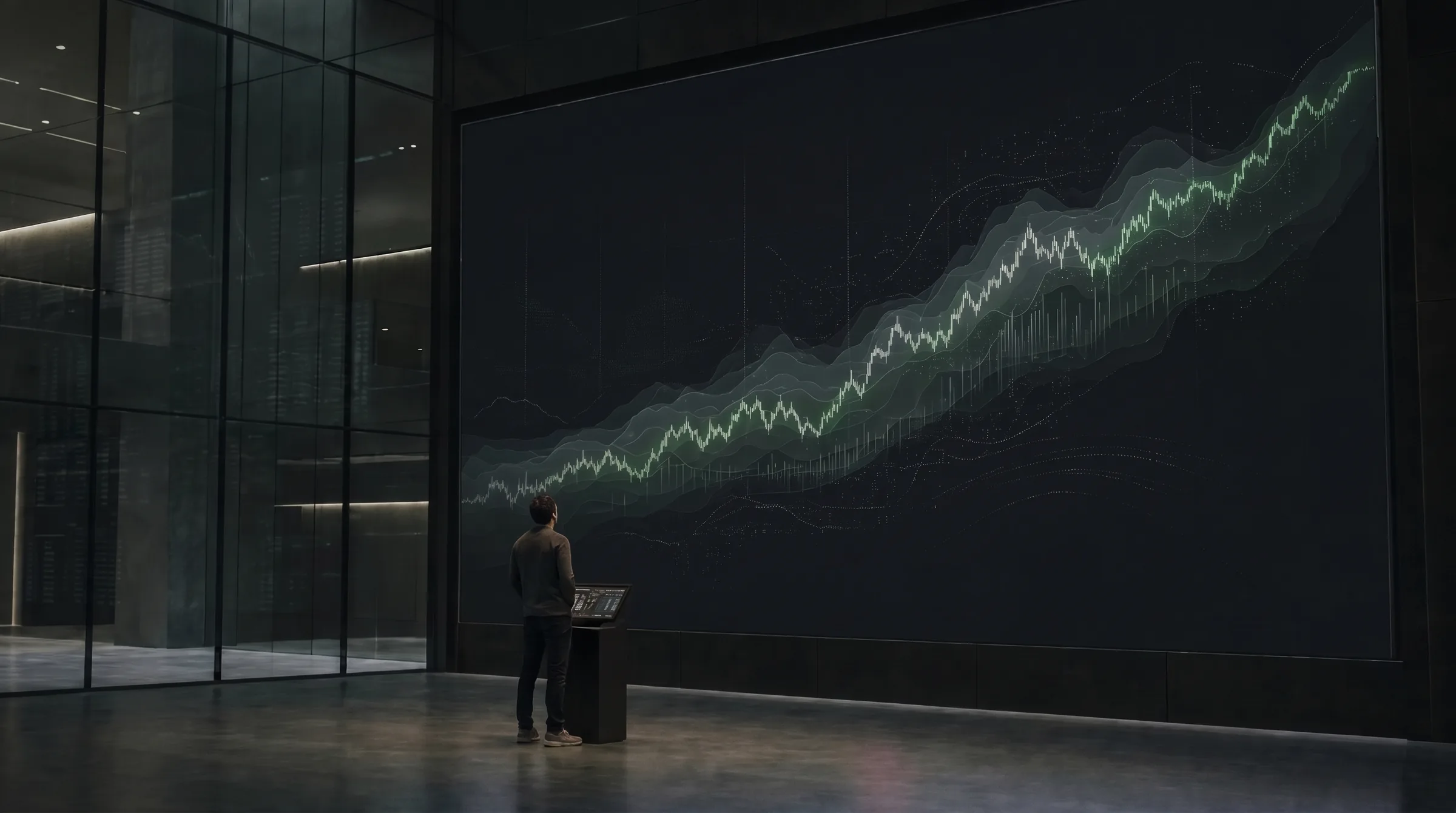 An individual investor studying a rising market chart on a large display.